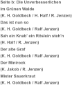 Seite b: Die Unverbesserlichen Im Grünen Walde (K. H. Goldbeck / H. Half / R. Jenzen) Das ist nun so (K. H. Goldbeck / Ralf Jenzen) Sah ein Knab' ein Röslein steh'n (H. Half / R. Jenzen) Der alte Graf (K. H. Goldbeck / Ralf Jenzen) Der Minirock (K. Jakob / R. Jenzen) Mister Sauerkraut (K. H. Goldbeck / Ralf Jenzen)