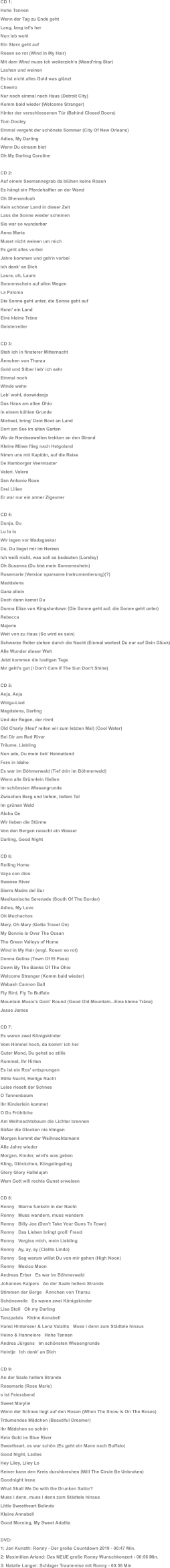 CD 1: Hohe Tannen Wenn der Tag zu Ende geht Lang, lang ist's her Nun leb wohl Ein Stern geht auf Rosen so rot (Wind In My Hair) Mit dem Wind muss ich weiterzieh'n (Wand'ring Star) Lachen und weinen Es ist nicht alles Gold was glänzt Cheerio Nur noch einmal nach Haus (Detroit City) Komm bald wieder (Welcome Stranger) Hinter der verschlossenen Tür (Behind Closed Doors) Tom Dooley Einmal vergeht der schönste Sommer (City Of New Orleans) Adios, My Darling Wenn Du einsam bist Oh My Darling Caroline CD 2: Auf einem Seemannsgrab da blühen keine Rosen Es hängt ein Pferdehalfter an der Wand Oh Shenandoah Kein schöner Land in dieser Zeit Lass die Sonne wieder scheinen Sie war so wunderbar Anna Maria Musst nicht weinen um mich Es geht alles vorbei Jahre kommen und geh'n vorbei Ich denk' an Dich Laura, oh, Laura Sonnenschein auf allen Wegen La Paloma Die Sonne geht unter, die Sonne geht auf Kenn' ein Land Eine kleine Träne Geisterreiter CD 3: Steh ich in finsterer Mitternacht Ännchen von Tharau Gold und Silber lieb' ich sehr Einmal noch Winde wehn Leb' wohl, doswidanja Das Haus am alten Ohio In einem kühlen Grunde Michael, bring' Dein Boot an Land Dort am See im alten Garten Wo de Nordseewellen trekken an den Strand Kleine Möwe flieg nach Helgoland Nimm uns mit Kapitän, auf die Reise De Hamborger Veermaster Valeri, Valera San Antonio Rose Drei Lilien Er war nur ein armer Zigeuner CD 4: Dunja, Du Lu la lu Wir lagen vor Madagaskar Du, Du liegst mir im Herzen Ich weiß nicht, was soll es bedeuten (Loreley) Oh Susanna (Du bist mein Sonnenschein) Rosemarie (Version sparsame Instrumentierung)(?) Maddalena Ganz allein Doch dann kamst Du Donna Eliza von Kingstontown (Die Sonne geht auf, die Sonne geht unter) Rebecca Majorie Weit von zu Haus (So wird es sein) Schwarze Reiter ziehen durch die Nacht (Einmal wartest Du nur auf Dein Glück) Alle Wunder dieser Welt Jetzt kommen die lustigen Tage Mir geht's gut (I Don't Care If The Sun Don't Shine) CD 5: Anja, Anja Wolga-Lied Magdalena, Darling Und der Regen, der rinnt Old Charly (Heut' reiten wir zum letzten Mal) (Cool Water) Bei Dir am Red River Träume, Liebling Nun ade, Du mein lieb' Heimatland Fern in Idaho Es war im Böhmerwald (Tief drin im Böhmerwald) Wenn alle Brünnlein fließen Im schönsten Wiesengrunde Zwischen Berg und tiefem, tiefem Tal Im grünen Wald Aloha Oe Wir lieben die Stürme Von den Bergen rauscht ein Wasser Darling, Good Night CD 6: Rolling Home  Vaya con dios Swanee River Sierra Madre del Sur Mexikanische Serenade (South Of The Border) Adios, My Love Oh Muchachos  Mary, Oh Mary (Gotta Travel On) My Bonnie Is Over The Ocean The Green Valleys of Home Wind In My Hair (engl. Rosen so rot) Donna Gelina (Town Of El Paso) Down By The Banks Of The Ohio Welcome Stranger (Komm bald wieder) Wabash Cannon Ball Fly Bird, Fly To Buffalo Mountain Music's Goin' Round (Good Old Mountain...Eine kleine Träne) Jesse James CD 7: Es waren zwei Königskinder Vom Himmel hoch, da komm' ich her Guter Mond, Du gehst so stille Kommet, Ihr Hirten Es ist ein Ros' entsprungen Stille Nacht, Heilige Nacht Leise rieselt der Schnee O Tannenbaum Ihr Kinderlein kommet O Du Fröhliche Am Weihnachtsbaum die Lichter brennen Süßer die Glocken nie klingen Morgen kommt der Weihnachtsmann Alle Jahre wieder Morgen, Kinder, wird's was geben Kling, Glöckchen, Klingelingeling Glory Glory Hallelujah Wem Gott will rechte Gunst erweisen CD 8: Ronny   Sterne funkeln in der Nacht Ronny   Muss wandern, muss wandern  Ronny   Billy Joe (Don't Take Your Guns To Town) Ronny   Das Lieben bringt groß' Freud Ronny   Vergiss mich, mein Liebling  Ronny   Ay, ay, ay (Cielito Lindo) Ronny   Sag warum willst Du von mir gehen (High Noon) Ronny   Mexico Moon Andreas Erber   Es war im Böhmerwald Johannes Kalpers   An der Saale hellem Strande Stimmen der Berge   Ännchen von Tharau Schöneweile   Es waren zwei Königskinder Lisa Stoll   Oh my Darling Tanzpalais   Kleine Annabell Hansi Hinterseer & Lena Valaitis   Muss i denn zum Städtele hinaus Heino & Hannelore   Hohe Tannen Andrea Jürgens   Im schönsten Wiesengrunde Heintje   Ich denk' an Dich CD 9: An der Saale hellem Strande Rosemarie (Rose Marie) s ist Feierabend Sweet Marylie Wenn der Schnee liegt auf den Rosen (When The Snow Is On The Roses) Träumendes Mädchen (Beautiful Dreamer) Ihr Mädchen so schön Kein Gold im Blue River Sweetheart, es war schön (Es geht ein Mann nach Buffalo) Good Night, Ladies Hey Liley, Liley Lo Keiner kann den Kreis durchbrechen (Will The Circle Be Unbroken) Goodnight Irene What Shall We Do with the Drunken Sailor? Muss i denn, muss i denn zum Städtele hinaus Little Sweetheart Belinda Kleine Annabell Good Morning, My Sweet Adalita DVD: 1: Jan Kunath: Ronny - Der große Countdown 2019 - 00:47 Min. 2: Maximilian Arland: Das NEUE große Ronny Wunschkonzert - 00:56 Min. 3: Natalie Langer: Schlager Traumreise mit Ronny - 00:56 Min